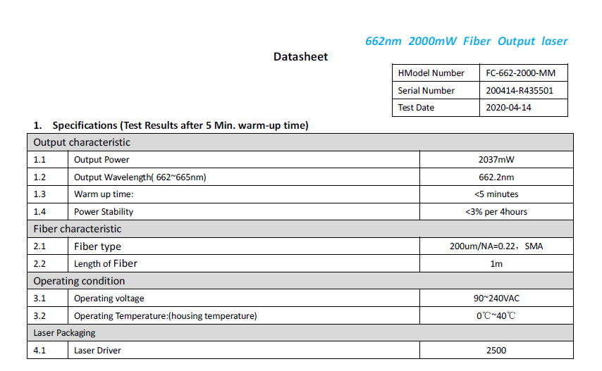 662nm laser test report